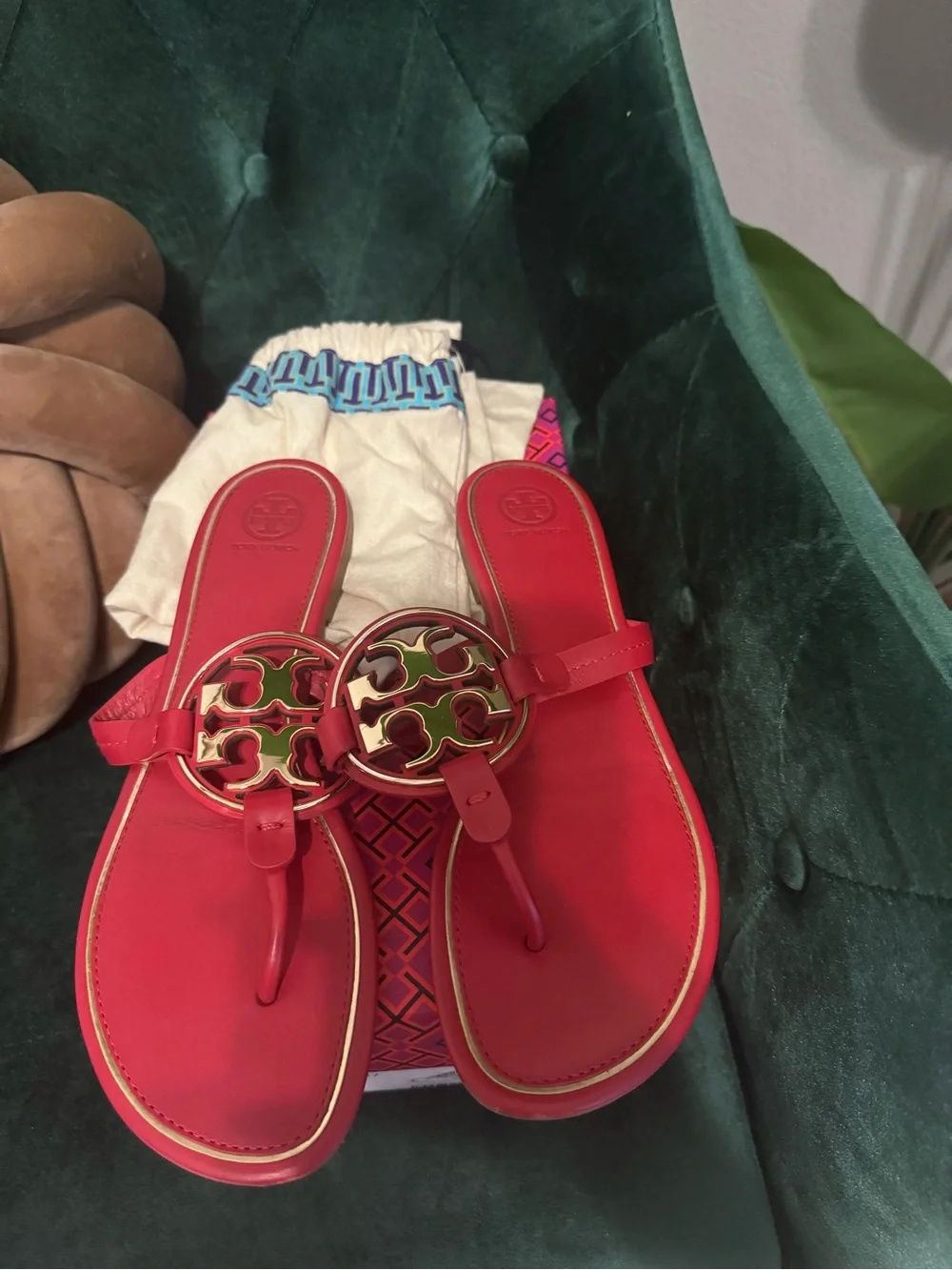 Tory Burch Brilliant Red Leather Sandals with Gold Logo